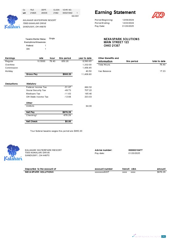 USA Ohio Kalahari Waterpark Resort business utility bill template in Word and PDF formats